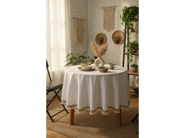 Beyaz Keten Şerit Ponponlu Yuvarlak Masa Örtüsü