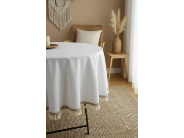 Beyaz Keten Şerit Ponponlu Yuvarlak Masa Örtüsü
