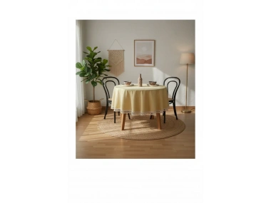 Sarı Keten Ham Ponponlu Yuvarlak Masa Örtüsü