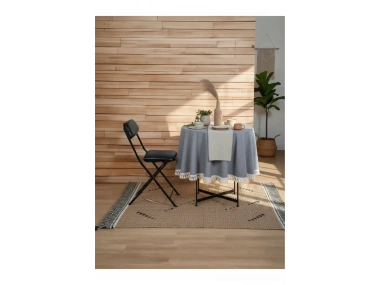 Gri Antrasit Keten Yuvarlak Masa Örtüsü (ham Ponponlu)