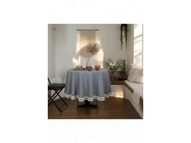 Gri Antrasit Keten Yuvarlak Masa Örtüsü (ham Ponponlu)