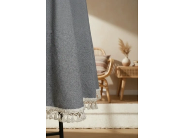 Gri Antrasit Keten Yuvarlak Masa Örtüsü (ham Ponponlu)