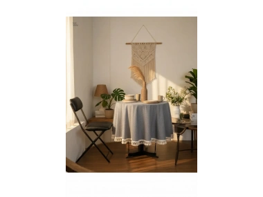 Gri Antrasit Keten Yuvarlak Masa Örtüsü (ham Ponponlu)