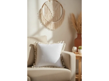 Keten Beyaz Ponponlu Kırlent Kırlent Kılıfı 43 X 43