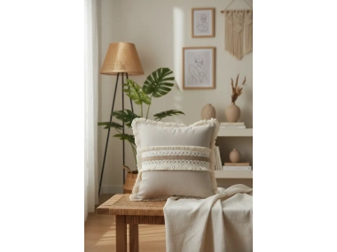 Keten Bej Kalın Dantel Kırlent Kırlent Kılıfı 43 X 43