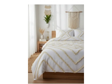 Beyaz Pamuk Keten Çoklu Püsküllü Çift Kişilik Nevresim Takımı (2 Yedek Yastıklı)