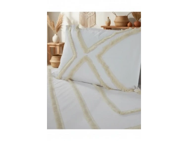 Beyaz Pamuk Keten Çoklu Püsküllü Tek Kişilik Nevresim Takımı (1 Yedek Yastıklı)
