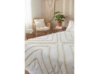 Beyaz Pamuk Keten Çoklu Püsküllü Tek Kişilik Nevresim Takımı (1 Yedek Yastıklı)