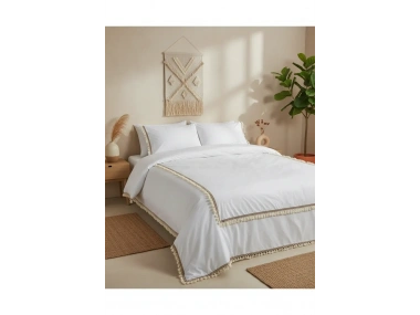 Beyaz Ponponlu %100 Pamuk Tek Kişilik Nevresim Takımı