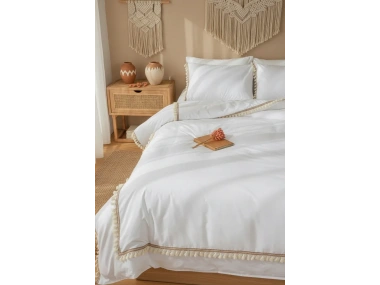 Beyaz Ponponlu %100 Pamuk Tek Kişilik Nevresim Takımı