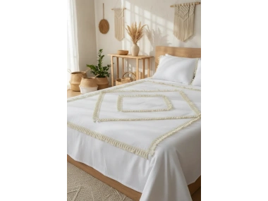 Beyaz Pamuk Keten Tek Kişilik Mozaik Ponponlu (yedek Yastıklı) Nevresim Takımı