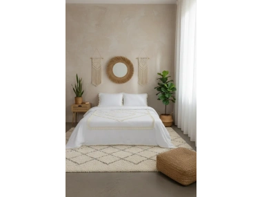 Beyaz Pamuk Keten Tek Kişilik Mozaik Ponponlu (yedek Yastıklı) Nevresim Takımı