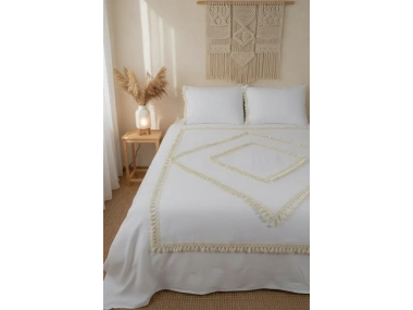 Beyaz Pamuk Keten Tek Kişilik Mozaik Ponponlu (yedek Yastıklı) Nevresim Takımı