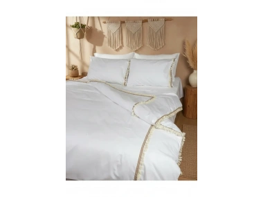 Beyaz Ponponlu %100 Pamuk Çift Kişilik Nevresim Takımı