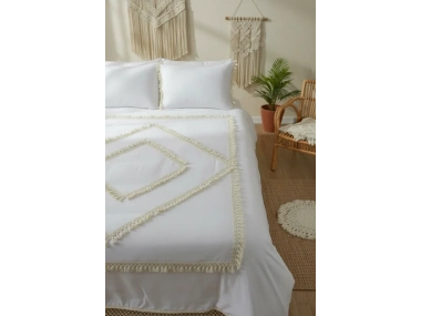 Beyaz Pamuk Keten Tek Kişilik Mozaik Ponponlu (yedek Yastıklı) Nevresim Takımı