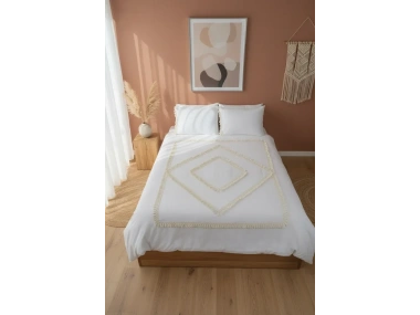 Beyaz Pamuk Keten Çift Kişilik Mozaik Ponponlu (yedek Yastıklı) Nevresim Takımı