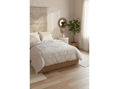 Bej Pamuk Keten Ikili Baklava Desen Ponponlu Tek Kişilik Nevresim Takımı(YEDEK YASTIKLI)