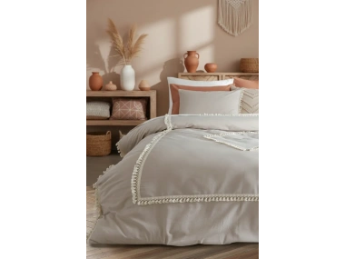 Bej Pamuk Keten Ikili Baklava Desen Ponponlu Tek Kişilik Nevresim Takımı(YEDEK YASTIKLI)