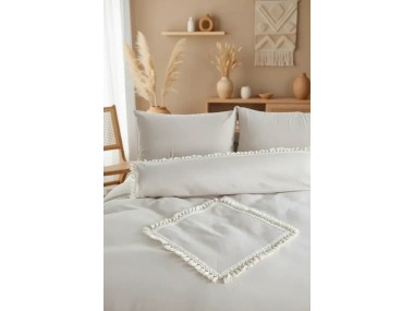 Bej Pamuk Keten Ikili Baklava Desen Ponponlu Çift Kişilik Nevresim Takımı