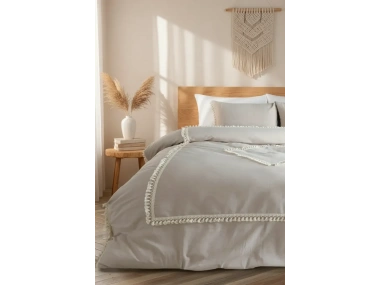 Bej Pamuk Keten Ikili Baklava Desen Ponponlu Çift Kişilik Nevresim Takımı