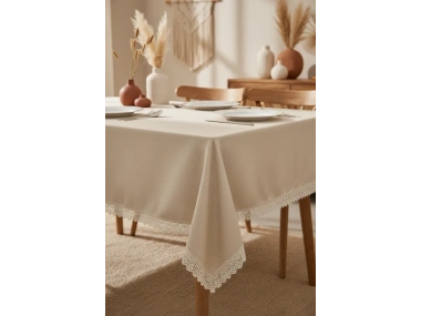 Bej Pamuk Keten Jüt Dantelli Masa Örtüsü