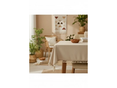 Bej Pamuk Keten Kahverengi Şerit Ponponlu Masa Örtüsü