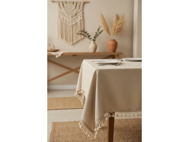 Bej Pamuk Keten Kahverengi Şerit Ponponlu Masa Örtüsü