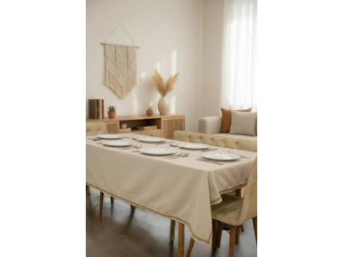 Bej Pamuk Keten Jüt Dantelli Masa Örtüsü
