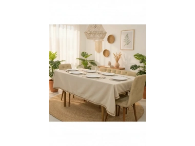 Bej Pamuk Keten Jüt Dantelli Masa Örtüsü