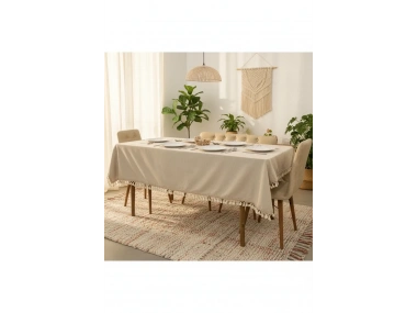 Bej Pamuk Keten Kahverengi Şerit Ponponlu Masa Örtüsü