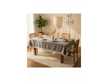 Gri Antrasit Pamuk Keten Ham Ponponlu Masa Örtüsü