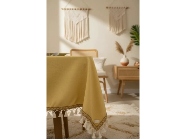 Sarı Pamuk Keten Kahverengi Şerit Ponponlu Masa Örtüsü