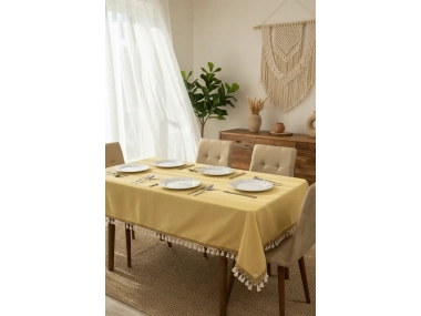 Sarı Pamuk Keten Kahverengi Şerit Ponponlu Masa Örtüsü