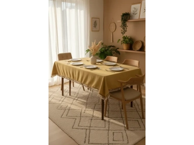 Sarı Pamuk Keten Kahverengi Şerit Ponponlu Masa Örtüsü