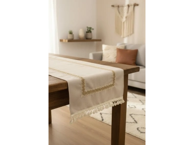 Keten Bej Renk Jüt Dantel Ponponlu Runner 50 X 150