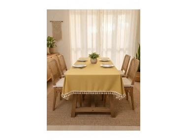 Sarı Pamuk Keten Kahverengi Şerit Ponponlu Masa Örtüsü