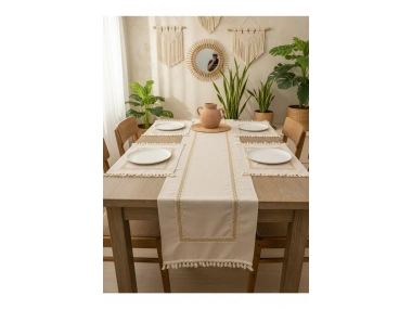 Keten Bej Renk Jüt Dantel Ponponlu Runner 50 X 150