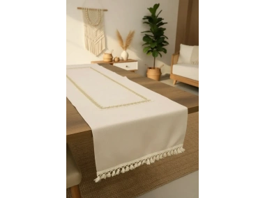 Keten Bej Renk Jüt Dantel Ponponlu Runner 50 X 150