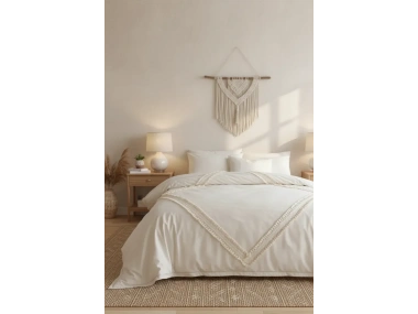 Ham Keten Baklava Desen Ponponlu Çift Kişilik Nevresim Takımı