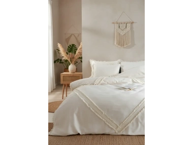 Ham Keten Baklava Desen Ponponlu Çift Kişilik Nevresim Takımı