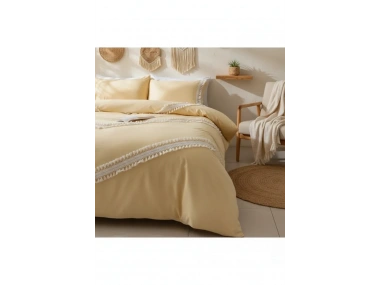 Sarı Renkli Pamuk Çift Ponponlu Tek Kişilik Nevresim Takımı(YEDEK YASTIKLI)