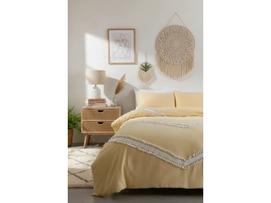 Sarı Renkli Pamuk Çift Ponponlu Tek Kişilik Nevresim Takımı(YEDEK YASTIKLI)