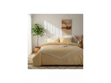 Sarı Renkli Pamuk Çift Ponponlu Çift Kişilik Nevresim Takımı