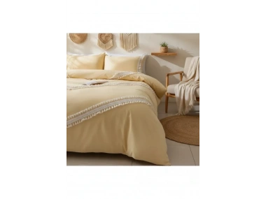 Sarı Renkli Pamuk Çift Ponponlu Çift Kişilik Nevresim Takımı