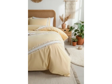 Sarı Renkli Pamuk Çift Ponponlu Çift Kişilik Nevresim Takımı