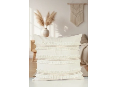 Özel Tasarım Jütlü Püsküllü Tekli Keten Krem Kırlent Kılıfı( 45 X 45)