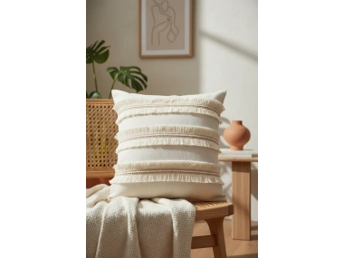 Özel Tasarım Jütlü Püsküllü Tekli Keten Krem Kırlent Kılıfı( 45 X 45)