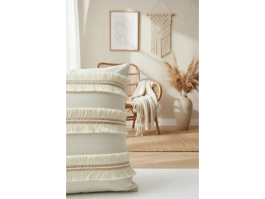 Özel Tasarım Jütlü Püsküllü Tekli Keten Krem Kırlent Kılıfı( 45 X 45)