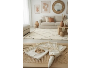 Organik Ham Keten Pasalı Saçaklı 6lı Ahsap Toka Hediyeli 40 X 40 Peçete Takımı