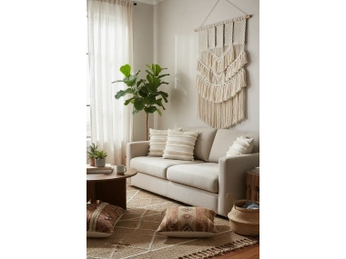 Özel Tasarım Jütlü Püsküllü Tekli Keten Krem Kırlent Kılıfı( 45 X 45)